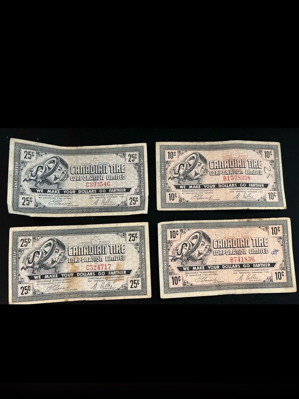Vintage 1958 Canadian Tire Money Lot - 4 Running Tire Notes